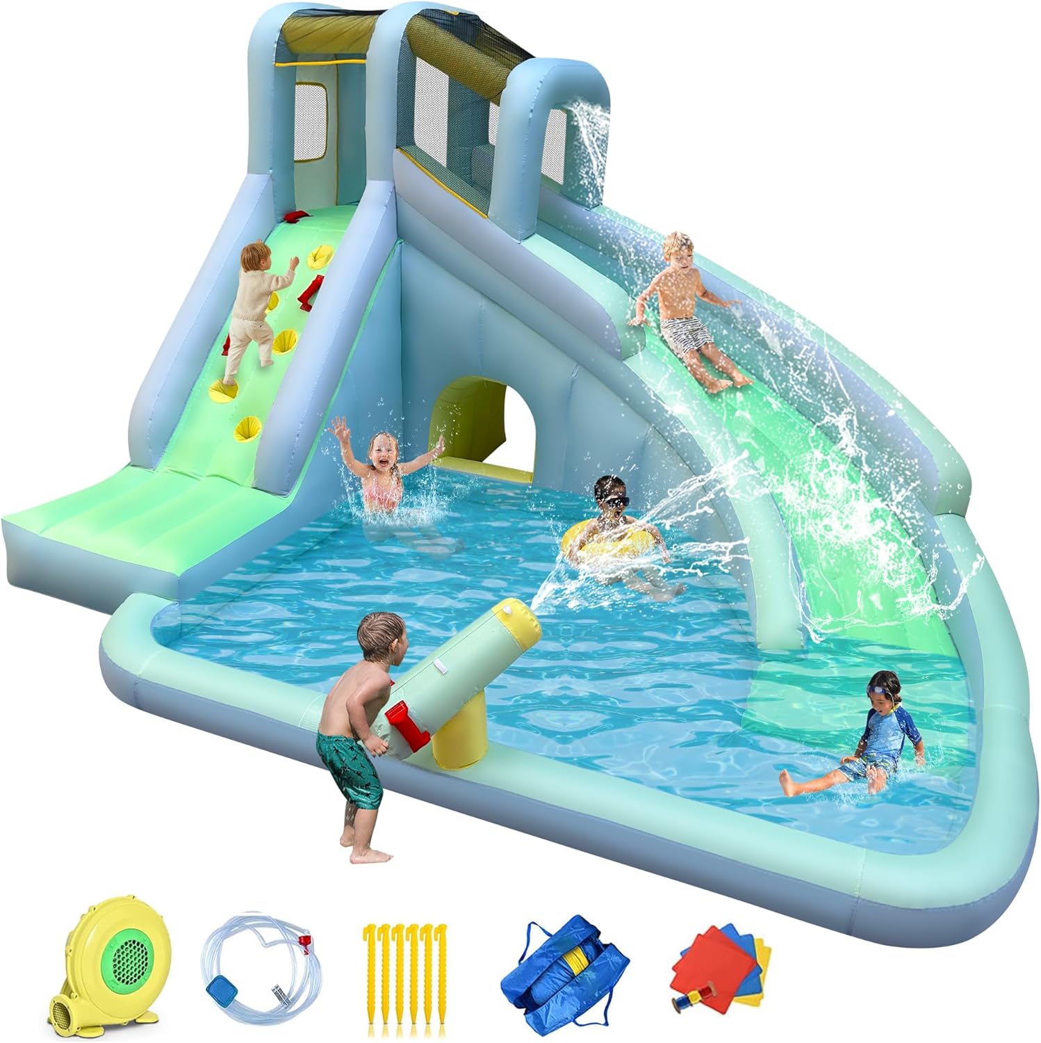 Kids Outdoor Climbing Wall - 6-in-1 Inflatable Kids Bounce House Water